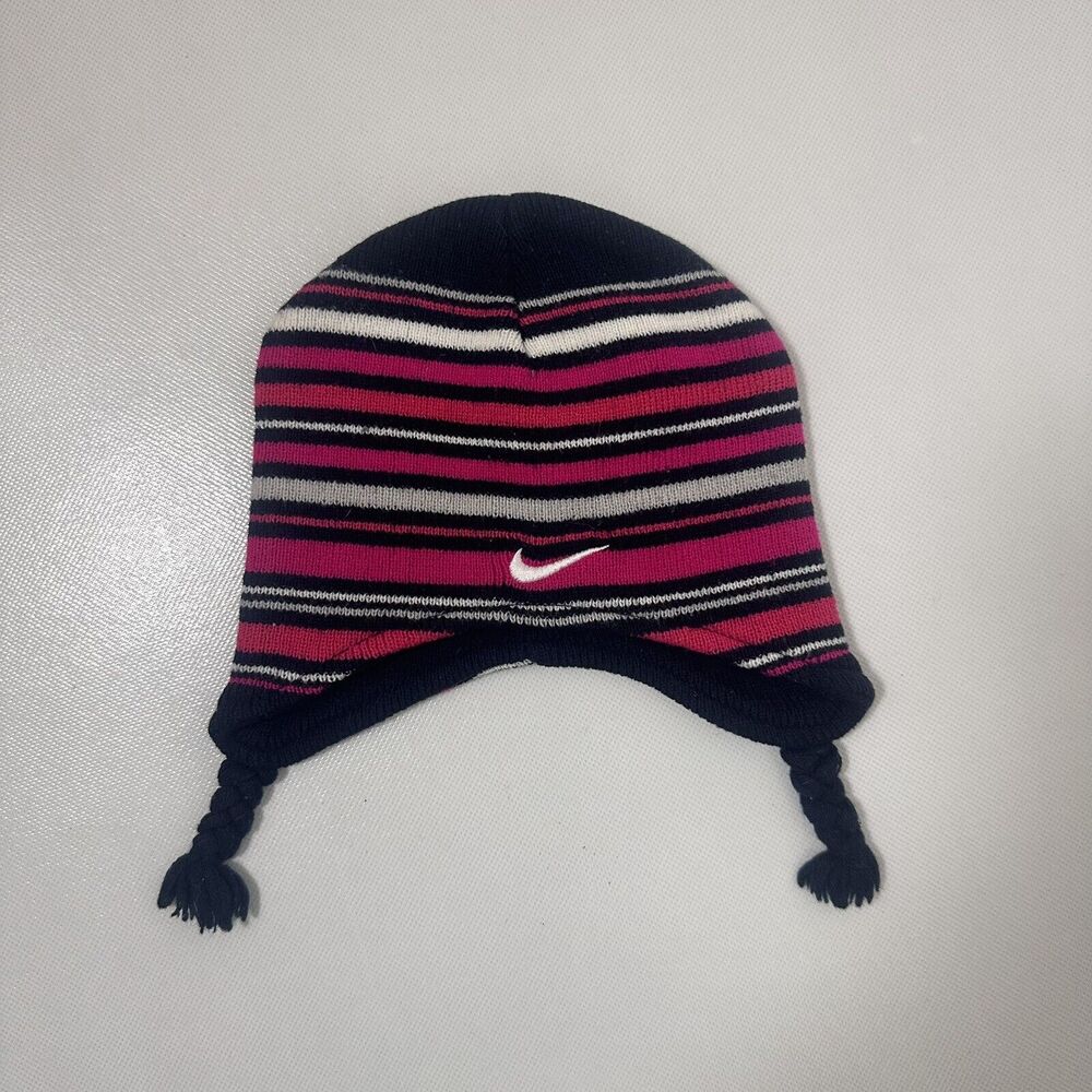 NIKE Hat Infant Toddler Beanie Cap Black Gray Pink Braided Flaps Warm Swoosh